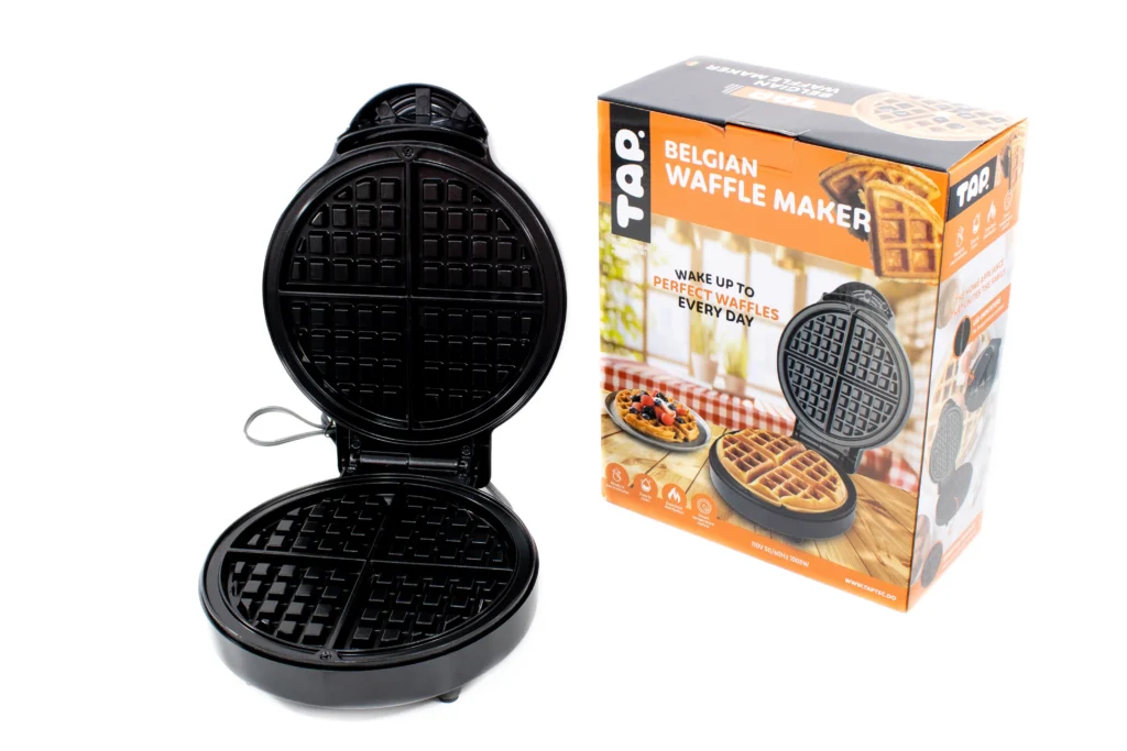 TAP Belgian waffle maker next to its packaging box