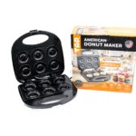 american donut maker next to its packaging box on a white background