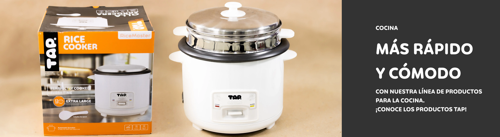 TAP pressure cooker next to its packaging box