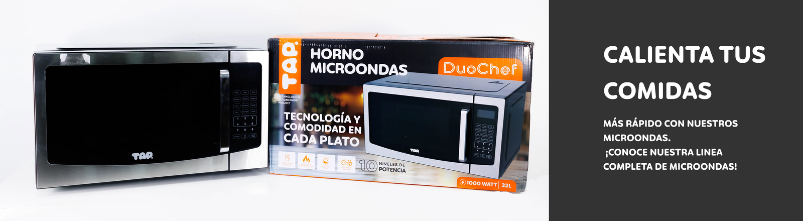 TAP microwave next to its packaging box.
